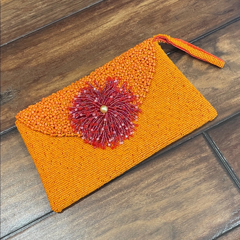 Beaded Orange Wristlet Clutch with Red Flower Accent